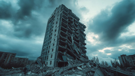 Partially destroyed residential building is collapsing after earthquake with dramatic cloudy sky in the background, representing the devastating power of natural disastersの素材