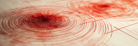 Red concentric circles represent seismic waves spreading from the epicenter of an earthquake, creating a visual representation of geological activity and ground shakingの素材