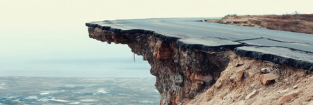 Broken asphalt road on the edge of a cliff after earthquake, highlighting the destructive power of nature and the impact on infrastructure with a distant snowy landscapeの素材