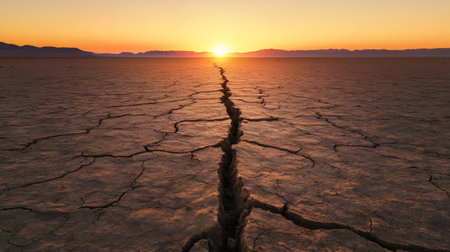Large fault lines splitting dry earth create a dramatic scene as the sun sets behind distant mountains, highlighting the powerful forces of geological upheaval and natures beautyの素材