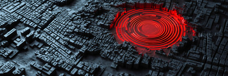 Red seismic waves radiating from the earthquakes epicenter ripple through urban buildings, unleashing destruction and chaos across the city landscape, highlighting the impact of natural disastersの素材