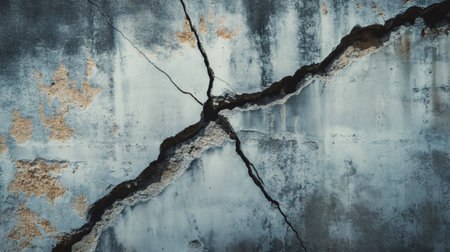 Concrete wall showing deep, spreading cracks revealing extensive structural damage from a powerful seismic event, demonstrating natures destructive geological impactの素材