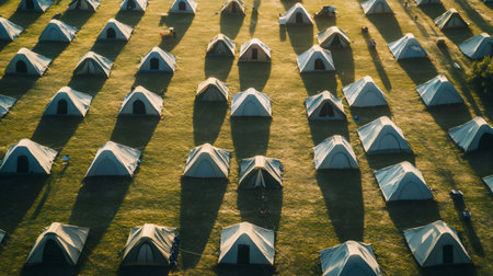 Aerial view of neatly arranged tents casting long shadows on grassy terrain during sunset, suggesting a temporary settlement or campsite. The scene evokes a sense of community and organizationの素材