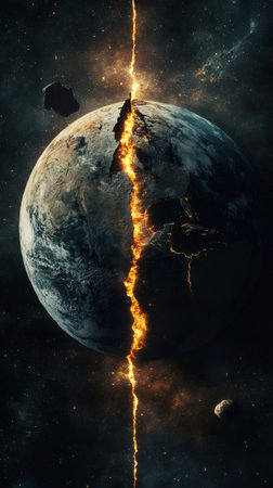Powerful seismic waves are cracking planet earth, causing a deep fiery chasm, revealing the planets mantle and magma in a catastrophic geological eventの素材