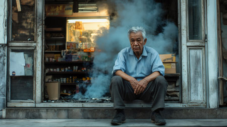 Senior man shopkeeper sitting sadly outside his burning shop after an earthquake, representing the devastating impact of natural disasters on small businesses and livelihoodsの素材