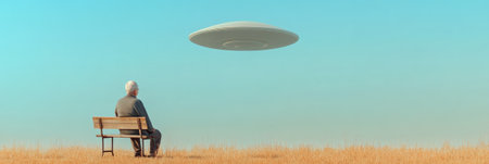 Retired man sitting on a bench in a field watching a flying saucer hovering in the clear blue sky, in a surreal and science fiction landscapeの素材