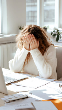 Office worker covers face with hands, overwhelmed by stress and deadlines. Sunlight streams through the window, papers scattered on the desk, highlighting the need for effective time managementの素材