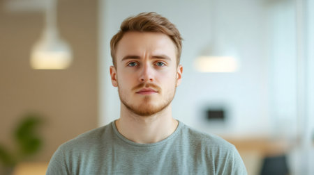 Young professional stands in a modern office environment, embodying stress management and focus. The setting suggests themes of time management and workplace therapy for better productivityの素材
