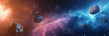 Asteroids flying through the vastness of space near a vibrant nebula create a breathtaking cosmic scene, with twinkling stars and distant galaxies illuminating the backgroundの素材