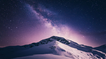 Breathtaking night landscape featuring a snowy mountain peak illuminated by a vibrant purple milky way galaxy, creating a stunning and majestic cosmic scene filled with celestial beautyの素材