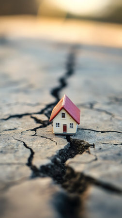 Miniature house teetering on cracked ground after an earthquake, illustrating the devastating effects of natural disasters on homes and the risks of seismic activityの素材