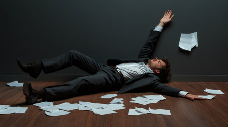 Exhausted businessman in suit lying on office floor among scattered papers, reaching out with one arm raised, depicting stress, deadline pressure, and need for anger managementの素材