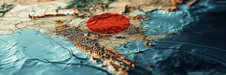 Red circle highlighting epicenter of earthquake on detailed topographic map, showing seismic wave propagation and potential impact area, emphasizing geological activity and disaster preparednessの素材