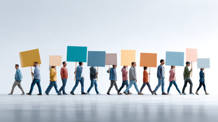 Group of activists marching together, holding colorful blank signs during a protest advocating for immigration rights and opposing immigration raids, showcasing unity and solidarityの素材