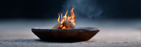 Warm fire crackling in a stone bowl, casting a cozy glow and inviting ambiance, perfect for cooking meals while enjoying a summer camping adventure under the starsの素材