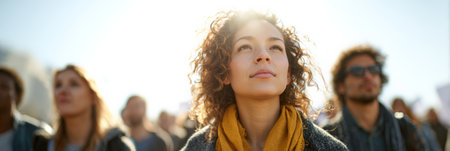 Crowd protesting immigration raids in the united states, focusing on a young woman leading the demonstration with a determined expression, sunlight illuminating her faceの素材