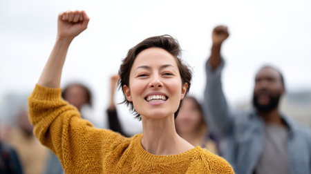 Smiling woman raising fist and protesting with a diverse group of people in the background, fighting for immigration rights and social justice in the united statesの素材
