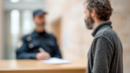 Law enforcement professional documenting investigation details during questioning, blurry suspect standing near desk while officer records statements in precinct interiorの素材