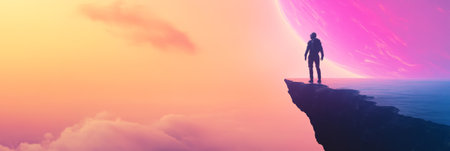 Astronaut stands on the edge of a cliff, observing a massive, colorful planet rising above a vast alien ocean, under a vibrant, otherworldly skyの素材