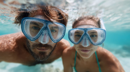 Young couple snorkeling underwater, wearing diving masks and discovering vibrant coral reefs and diverse marine life while enjoying a summer vacation filled with adventure and funの素材