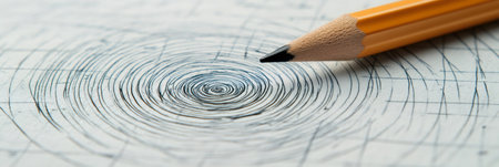 Short graphite pencil pointing at the epicenter of hand drawn earthquake seismic waves on graph paper, representing geological activity and disaster preparednessの素材