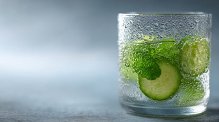Glass of refreshing detox water with cucumber and mint leaves, covered with condensation drops, offering a healthy and hydrating beverage for summerの素材
