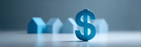 Large blue dollar sign prominently standing in the foreground, with blurred miniature houses in the background, highlighting financial aspects of real estate investmentの素材