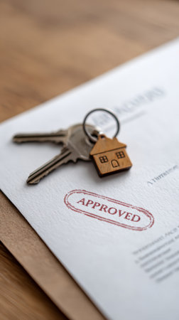 House keys with a small wooden house keychain are lying on a signed contract with an approved stamp, suggesting a successful mortgage loan approval for buying or renting a new homeの素材