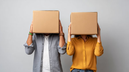 Couple hiding their faces behind cardboard boxes, symbolizing the anonymity and excitement of purchasing a new home, navigating the real estate market, and starting a fresh chapterの素材