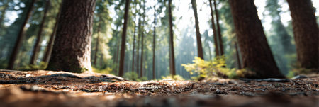 Warm sunlight filters through the tall trees in a tranquil forest campground, creating a peaceful and inviting atmosphere for camping and enjoying natureの素材