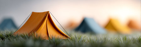 Miniature orange camping tent stands out in campground with other colorful tents blurred in background, evoking the spirit of summer travel and outdoor adventure during a warm sunsetの素材