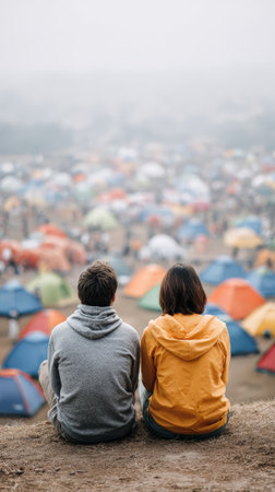Two tourists are sitting on a hill enjoying the view of a large campground full of colorful tents, experiencing the joy of summer travel and camping in natureの素材