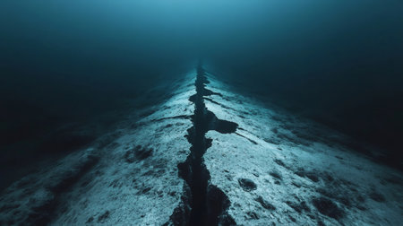 Seismic waves are creating a long crack on the ocean floor, causing an underwater earthquake in the deep dark blue sea with light coming from the surfaceの素材