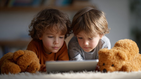 Two young brothers are lying on a soft carpet, engrossed in a tablet game, with their beloved teddy bears by their sides, creating a cozy and engaging scene of childhood in the digital ageの素材