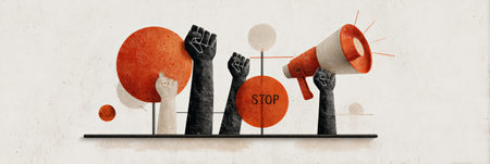 Raised fists holding a megaphone and a stop sign are protesting immigration raids in a conceptual illustration about civil rights and social justiceの素材