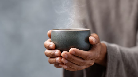 Woman gently cradling a steaming cup of hot beverage, enveloped in warmth and comfort, creating a peaceful atmosphere perfect for relaxation during winter or autumn mornings and eveningsの素材