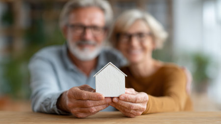 Happy retired couple holding small house model, considering buying property, planning future investment in real estate market, saving money for mortgage, dreaming about new homeの素材