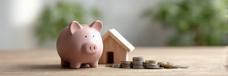 Piggy bank standing next to a small wooden house and a stack of coins representing saving money for buying or renting property, paying mortgage and house expensesの素材
