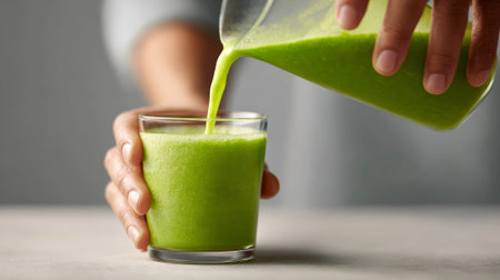 Chef pours a vibrant green smoothie from a pitcher into a glass, creating a refreshing and healthy summer detox drink, perfect for cleansing and revitalizingの素材