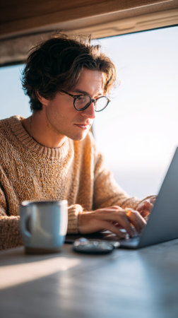 Digital nomad enjoying work and travel lifestyle, using laptop in camper van with a mug next to him, embracing freedom and flexibility of remote workの素材