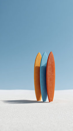 Three colorful surfboards are standing upright on a pristine white sand beach, casting long shadows under the clear blue sky, evoking a sense of summer adventure and watersports excitementの素材