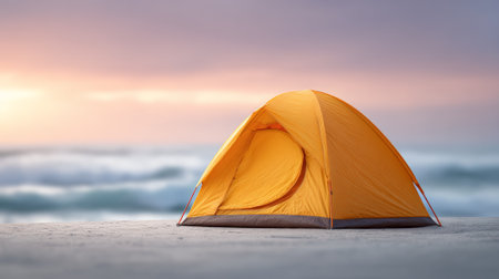 Orange camping tent standing on sandy beach near waving sea against beautiful sunset sky during summer travel, creating idyllic scene of outdoor recreation and adventureの素材