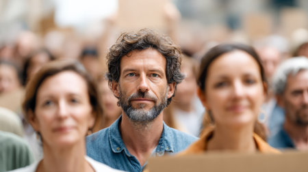 Activists and citizens participating in a demonstration against immigration policies, holding signs and expressing their dissent in a public spaceの素材