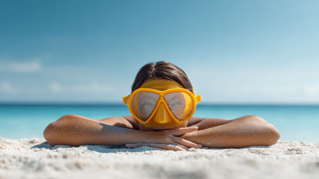 Female diver relaxing on sandy shore, wearing snorkeling mask, basking in tropical beach sunlight near turquoise waters and clear blue horizonの素材