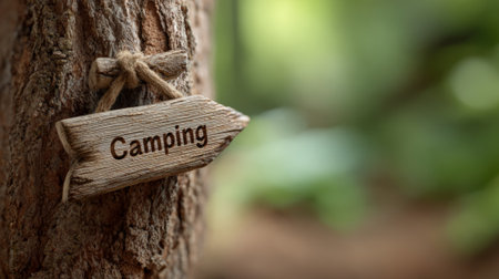 Wooden arrow sign indicating the camping area, tied with a rope to a tree trunk, immersed in the green nature of a campground, creating a welcoming atmosphere for outdoor enthusiastsの素材
