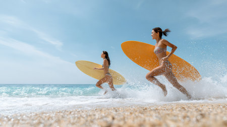 Two young women surfers running into the ocean waves with their surfboards on a sunny beach, enjoying watersports and the thrill of surfingの素材