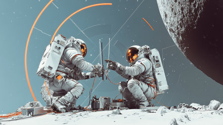 Two astronauts are kneeling on the surface of the moon, installing a satellite dish with a large planet looming in the background, suggesting a complex space mission and explorationの素材