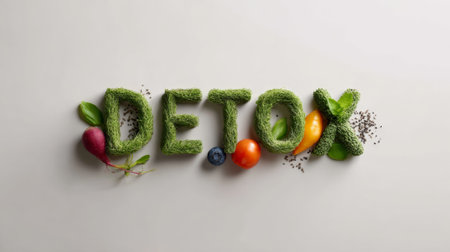 Green vegetables, fruits, and chia seeds are arranged to spell detox promoting a healthy lifestyle through cleansing and revitalization with natural ingredientsの素材