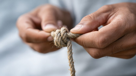 Close up of sailors hands tying a knot in a thick, natural fiber rope, demonstrating traditional seamanship skills essential for securing lines on a boat or during campingの素材
