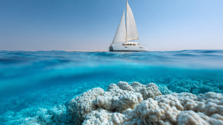 Split view of a sailing catamaran on a calm turquoise ocean surface with a vibrant coral reef visible underwater, creating a serene and idyllic seascapeの素材